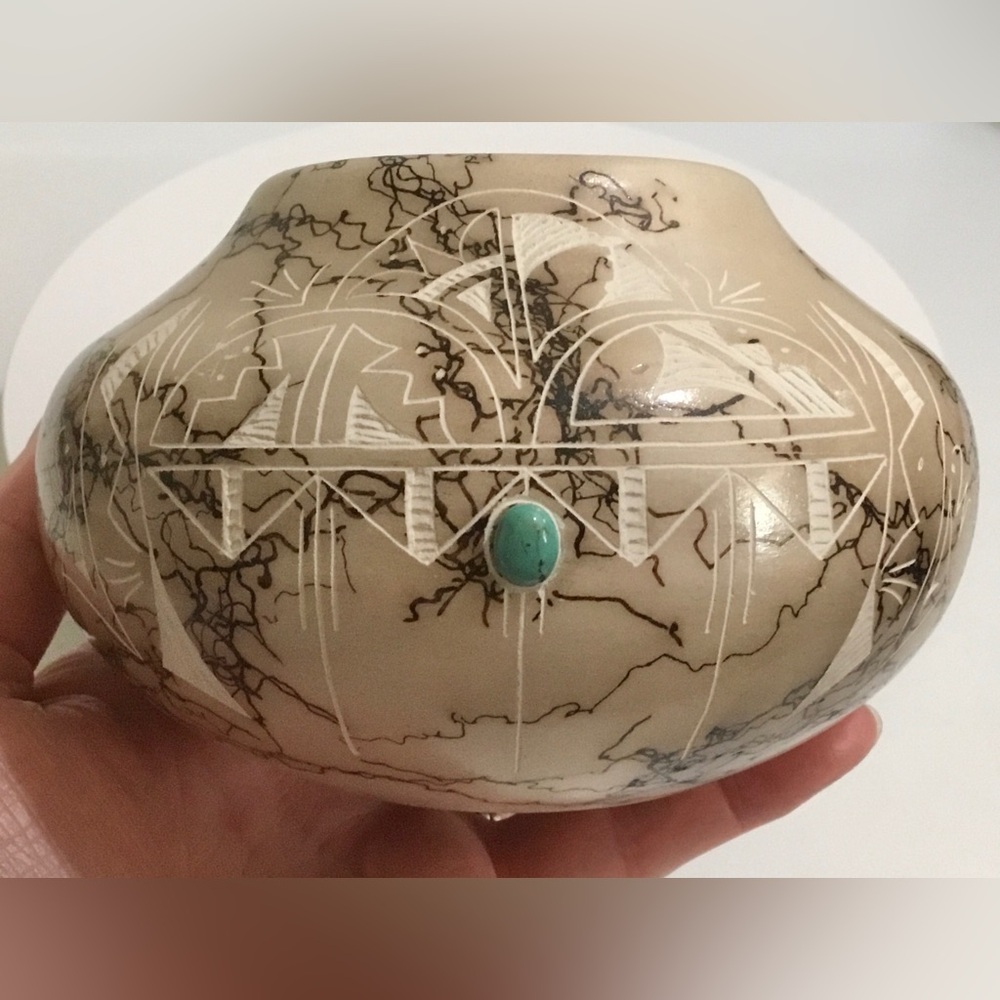Native American Navajo Horsehair Pottery with Turquoise